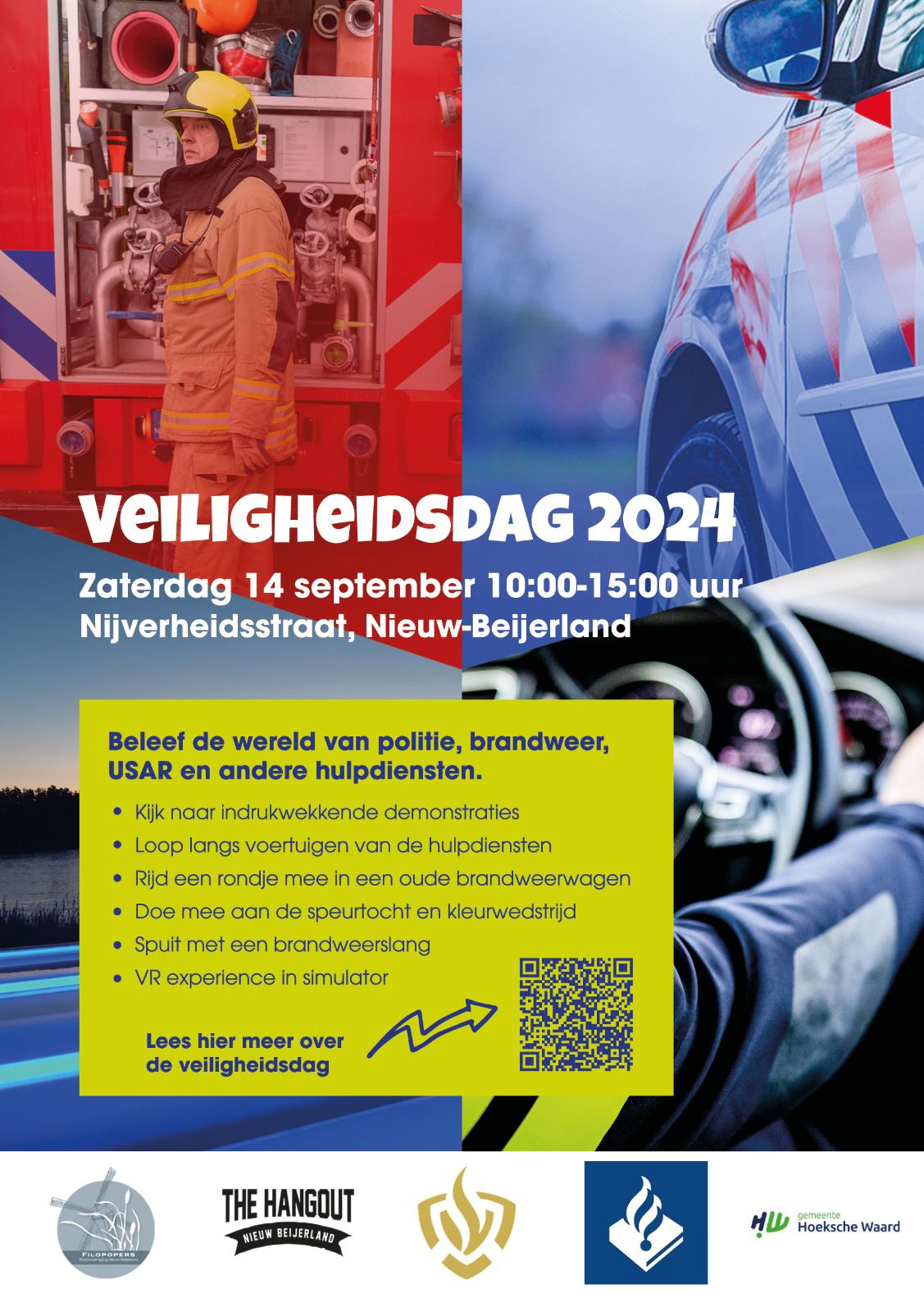 Flyer van de Veiligheidsdag met programma informatie en  een QR-code naar de website van dorpsvereniging Filopopers